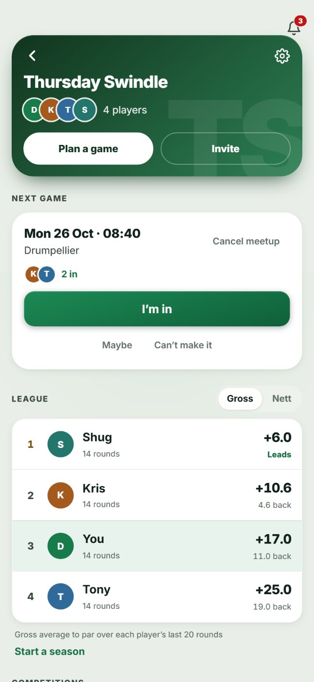 A group page with the next game and the league table