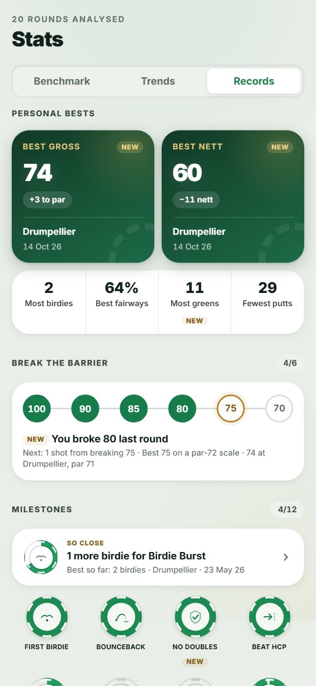 Records screen with best gross and best nett tiles
